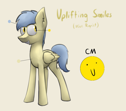 Size: 1559x1371 | Tagged: safe, artist:marsminer, oc, oc only, oc:nice rapist, oc:uplifting smiles, pegasus, pony, c:, cutie mark, grin, looking back, reference sheet, simple background, smiling, solo, yellow background