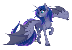 Size: 595x420 | Tagged: safe, artist:basykail, derpibooru import, oc, oc only, alicorn, bat pony, bat pony alicorn, pony, alicorn oc, bat ears, bat wings, cutie mark, ethereal mane, fangs, female, hybrid wings, mare, one eye closed, simple background, solo, spread wings, transparent background, wing claws, wings, wink