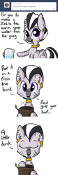 Size: 806x2418 | Tagged: safe, artist:tjpones, oc, oc only, zebra, comic, ear piercing, food, literal, piercing, rhyme, solo, tea, tree trunk, tumblr