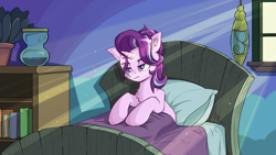 Size: 3840x2160 | Tagged: safe, artist:danli69, derpibooru import, starlight glimmer, pony, unicorn, bed, bed mane, bedroom, chest fluff, ear fluff, female, lidded eyes, mare, messy mane, morning ponies, solo, starlight is not amused, starlight's room, unamused, waking up