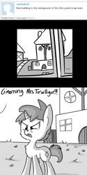 Size: 806x1612 | Tagged: safe, artist:tjpones, oc, oc only, oc:mrs. turwilligur, pony, unicorn, horse wife, angry, building, comments, derpibooru, faic, female, grayscale, house, mare, meta, monochrome, offscreen character, simple background, solo, white background