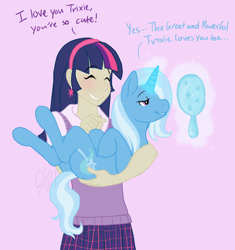 Size: 970x1034 | Tagged: safe, artist:cartoonlion, trixie, twilight sparkle, human, pony, unicorn, clothes, female, holding a pony, humanized, lesbian, mare, mirror, shipping, skirt, twixie