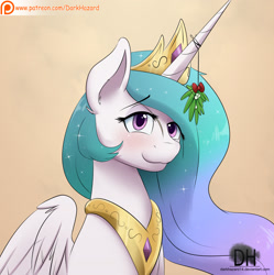 Size: 1958x1965 | Tagged: safe, artist:sugarlesspaints, princess celestia, alicorn, pony, :3, blushing, cute, cutelestia, female, looking at you, mare, mistletoe, mistletoe horn, patreon, patreon logo, pixiv, smiling, solo