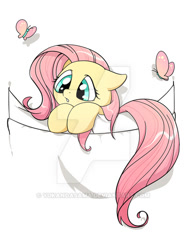 Size: 400x534 | Tagged: safe, artist:yukandasama, derpibooru import, fluttershy, butterfly, pegasus, pony, female, mare, obtrusive watermark, pocket, pocket pony, solo, tiny, tiny ponies, watermark