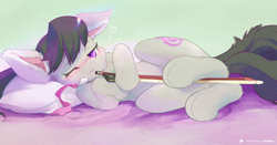 Size: 1800x944 | Tagged: safe, artist:ancesra, derpibooru import, octavia melody, earth pony, pony, blushing, bow (instrument), cute, ear fluff, female, fluffy, mare, on side, one eye closed, pillow, solo, tavibetes, underhoof, wink