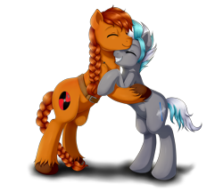 Size: 2200x1900 | Tagged: safe, artist:evomanaphy, oc, oc only, oc:magix, oc:rollo, earth pony, pony, braid, braided tail, female, hug, mare, smiling, two toned mane, viking