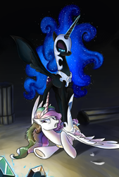 Size: 1860x2756 | Tagged: dead source, safe, artist:olafski, nightmare moon, princess celestia, alicorn, pony, bad end, defeated, duo, elements of harmony, ethereal mane, female, fight, hoof shoes, mare, reaching, scene interpretation, sisters, starry mane, the bad guy wins