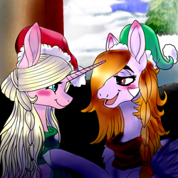 Size: 1024x1024 | Tagged: safe, artist:brainiac, oc, oc only, pegasus, pony, unicorn, christmas, clothes, female, hat, mare, santa hat