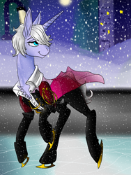 Size: 1200x1600 | Tagged: safe, artist:brainiac, pony, unicorn, bust, clothes, crossover, full body, ice, ice skates, male, portrait, solo, stallion, viktor nikiforov, yuri on ice