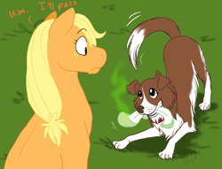 Size: 1374x1048 | Tagged: safe, artist:cartoonlion, applejack, winona, dog, earth pony, pony, female, fetch, mare, smelly, sock, visible stench