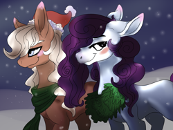 Size: 1600x1200 | Tagged: safe, artist:brainiac, oc, oc only, pony, christmas, clothes, couple, cute, female, hat, mare, multiple, santa hat, scarf, snow, wreath