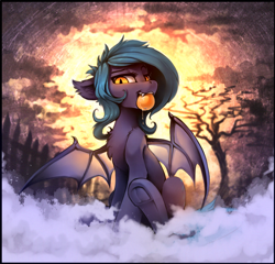 Size: 1110x1066 | Tagged: safe, artist:ramiras, derpibooru import, oc, oc:little mine, bat pony, pony, chest fluff, female, fog, food, frog (hoof), hoofbutt, looking at you, mango, solo, underhoof