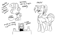 Size: 1000x594 | Tagged: dead source, safe, artist:cartoonlion, allie way, zecora, pony, unicorn, zebra, female, mare, monochrome, professor snape, sketch