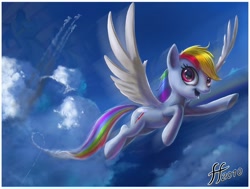 Size: 1134x856 | Tagged: safe, artist:14-bis, rainbow dash, pegasus, pony, artifact, cloud, contrail, cutie mark, daily deviation, female, flying, happy, looking at you, mare, open mouth, scenery, sky, smiling, solo focus, spread wings, wallpaper, wings, wonderbolts