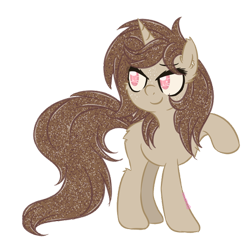 Size: 600x601 | Tagged: safe, artist:sinamuna, derpibooru import, oc, oc only, oc:cocoa ashes, pony, unicorn, brown fur, brown hair, freckles, pink eyes, ponysona, raised hoof, smug, solo, spots