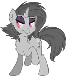 Size: 400x465 | Tagged: safe, artist:sinamuna, derpibooru import, oc, oc only, oc:kawaii fuck ii, pony, unicorn, cutie mark, eyeshadow, grey fur, grey hair, makeup, male, pink eyes, ponysona, solo