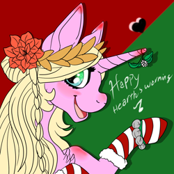 Size: 1024x1024 | Tagged: safe, artist:brainiac, oc, oc only, pony, unicorn, bells, braid, bust, christmas, clothes, cute, female, happy hearth's warming, laurels, mare, mistletoe, poinsetta, socks, solo, striped socks