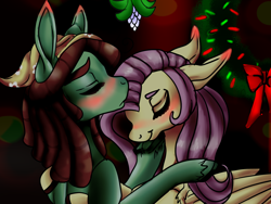 Size: 1600x1200 | Tagged: safe, artist:brainiac, fluttershy, tree hugger, pegasus, pony, blushing, cute, female, flutterhugger, kissing, lesbian, mistletoe, shipping, sweet, unshorn fetlocks