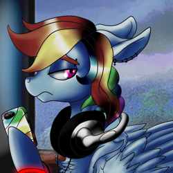 Size: 1024x1024 | Tagged: safe, artist:brainiac, rainbow dash, pegasus, pony, bust, cellphone, feels, female, glow bracelets, headphones, lidded eyes, mare, modern art, phone, piercing, rain, smartphone, solo