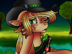 Size: 1600x1200 | Tagged: safe, artist:brainiac, applejack, earth pony, pony, alcohol, apple, bandana, beverage, bust, clothes, cowboy hat, female, food, freckles, handkerchief, hat, implied rarijack, mare, one eye closed, piercing, solo, wink