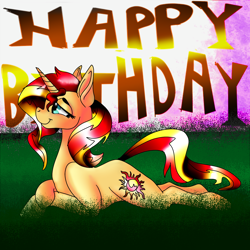 Size: 1600x1600 | Tagged: safe, artist:brainiac, sunset shimmer, pony, bust, cute, happy birthday, letter, lidded eyes, lying down, portrait, solo