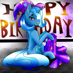 Size: 1600x1600 | Tagged: safe, artist:brainiac, trixie, pony, clothes, female, full body, happy birthday, lidded eyes, looking at you, looking back, mare, profile, sitting, smiling, solo, text, trixie's cape, trixie's hat