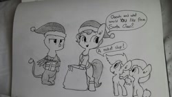 Size: 1280x720 | Tagged: safe, artist:tjpones, oc, oc only, oc:brownie bun, oc:gerdie, earth pony, griffon, pony, horse wife, bag, bipedal, boots, chest fluff, christmas, clothes, colt, costume, dialogue, ear fluff, female, filly, foal, grayscale, hat, holiday, male, mare, monochrome, present, pun, santa costume, santa hat, shoes, speech bubble, standing, traditional art, unamused