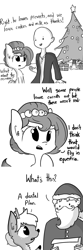 Size: 720x2160 | Tagged: safe, artist:tjpones, oc, oc only, oc:brownie bun, oc:richard, deer, human, reindeer, horse wife, christmas, christmas tree, comic, dental plan, monochrome, santa claus, tree