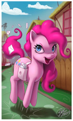 Size: 400x660 | Tagged: safe, artist:14-bis, pinkie pie, earth pony, pony, female, happy, invitation, letter, mailbag, mare, pronking, scenery, smiling, solo, weather vane