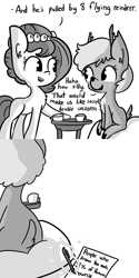 Size: 806x1612 | Tagged: safe, artist:tjpones, oc, oc only, oc:brownie bun, bicorn, deer, reindeer, horse wife, comic, dialogue, hilarious in hindsight, levitation, magic, monochrome, paper, pen, santa claus, telekinesis, writing