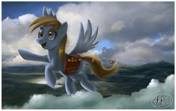 Size: 992x625 | Tagged: safe, artist:14-bis, derpy hooves, pegasus, pony, artifact, cloud, cloudy, female, flying, mailbag, mare, muffin, saddle bag, scenery, solo