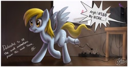 Size: 2551x1346 | Tagged: safe, artist:14-bis, derpy hooves, pegasus, pony, artifact, censored vulgarity, computer, female, grawlixes, mare, plug, power cord, solo, unplugged