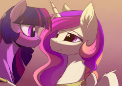 Size: 2000x1406 | Tagged: safe, artist:magnaluna, derpibooru import, princess celestia, twilight sparkle, twilight sparkle (alicorn), alicorn, pony, :o, bedroom eyes, blushing, cute, female, fluffy, lesbian, looking at each other, mare, open mouth, shipping, smiling, twilestia, wide eyes