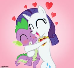 Size: 1652x1516 | Tagged: safe, artist:willisninety-six, rarity, spike, dragon, pony, unicorn, blushing, cute, eyes closed, female, fire ruby, heart, hug, interspecies, male, mare, shipping, sparity, spikelove, straight