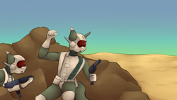 Size: 3000x1687 | Tagged: safe, artist:marsminer, anthro, desert, dune, dune ii, gun, rock, soldier, weapon