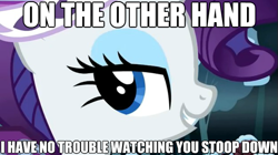 Size: 625x349 | Tagged: safe, edit, edited screencap, screencap, princess platinum, rarity, pony, unicorn, hearth's warming eve (episode), bend over, caption, female, image macro, mare, out of context, solo