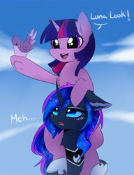 Size: 3000x3900 | Tagged: safe, artist:magnaluna, derpibooru import, princess luna, twilight sparkle, alicorn, bird, pony, unicorn, cloud, curved horn, cute, dialogue, ear fluff, female, floppy ears, horn, lesbian, luna is not amused, lunabetes, mare, meh, open mouth, shipping, shoulder ride, sky, smiling, twiabetes, twiluna, unamused, underhoof, unimpressed