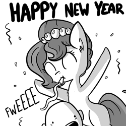 Size: 806x806 | Tagged: safe, artist:tjpones, oc, oc only, oc:brownie bun, oc:richard, earth pony, human, pony, horse wife, confetti, ear fluff, eyes closed, female, grayscale, happy new year, human male, male, mare, monochrome, simple background, streamers, white background