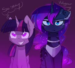 Size: 1600x1455 | Tagged: safe, artist:magnaluna, derpibooru import, princess luna, twilight sparkle, twilight sparkle (alicorn), alicorn, pony, blushing, cheek fluff, collar, colored pupils, curved horn, duo, ear fluff, ethereal mane, female, floppy ears, galaxy mane, gradient background, grin, heart, heart eyes, horn, luna is not amused, mare, offscreen character, smiling, unamused, varying degrees of want, want, wingding eyes