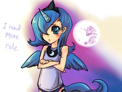 Size: 800x600 | Tagged: safe, artist:bakki, princess luna, human, clothes, cute, female, filly, gradient background, horned humanization, humanized, mare in the moon, moon, panties, purple underwear, s1 luna, solo, tailed humanization, underwear, winged humanization, woona