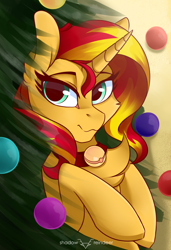 Size: 1772x2598 | Tagged: safe, artist:php97, derpibooru import, sunset shimmer, pony, unicorn, bell, bell collar, cat bell, chest fluff, christmas, christmas tree, collar, female, holiday, lidded eyes, looking at you, mare, smiling, solo, tree