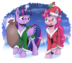 Size: 1821x1599 | Tagged: safe, artist:saturdaymorningproj, derpibooru import, gummy, pinkie pie, twilight sparkle, twilight sparkle (alicorn), alicorn, earth pony, pony, christmas, clothes, costume, female, holiday, mare, santa costume, smiling, snow