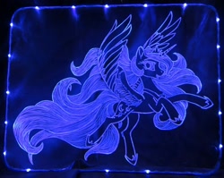 Size: 1972x1572 | Tagged: safe, artist:elektrik-nedouchka, artist:irfp250n, artist:vird-gi, derpibooru import, princess luna, alicorn, pony, acrylic plastic, acrylight, craft, engraving, female, flying, led, long mane, long tail, mare, smiling, solo, spread wings, windswept mane, wings