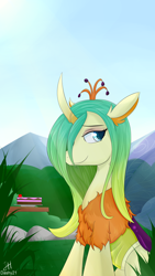 Size: 2160x3840 | Tagged: safe, artist:dashy21, derpibooru import, queen chrysalis, changedling, changeling, changeling queen, a better ending for chrysalis, cake, chest fluff, cute, cutealis, ear fluff, female, floppy ears, food, lidded eyes, purified chrysalis, reformed, sitting, smiling, solo, table