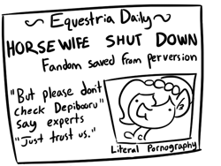 Size: 554x416 | Tagged: safe, artist:tjpones, oc, oc only, oc:brownie bun, horse wife, derpibooru, doodle, equestria daily, joke, meta, monochrome, newspaper