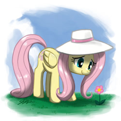 Size: 900x900 | Tagged: safe, artist:johnjoseco, fluttershy, pegasus, pony, female, flower, hat, mare, smiling, solo