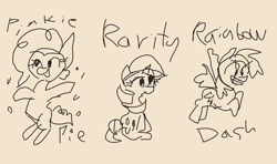 Size: 2160x1280 | Tagged: safe, artist:tjpones, pinkie pie, rainbow dash, rarity, pegasus, pony, unicorn, black and white, doodle, grayscale, monochrome, pink background, simple background, stylistic suck