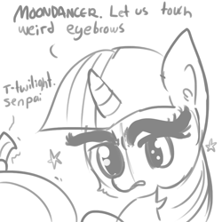 Size: 792x792 | Tagged: safe, artist:tjpones, moondancer, twilight sparkle, pony, eyebrows, female, lesbian, monochrome, senpai, shipping, stars, thick eyebrows, twidancer, wat