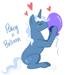 Size: 453x507 | Tagged: safe, artist:cartoonlion, pokey pierce, pony, unicorn, balloon, blushing, cargo ship, heart, kissing, male, shipping, simple background, sitting, solo, stallion, this will end in tears and/or death, white background