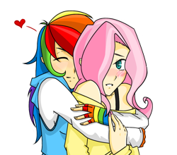 Size: 964x850 | Tagged: safe, artist:ketsuzoku, fluttershy, rainbow dash, human, blushing, breasts, clothes, cute, delicious flat chest, eyes closed, female, fingerless gloves, flattershy, flutterdash, gloves, hair over one eye, heart, hug, humanized, lesbian, nail polish, shipping, simple background, transparent background